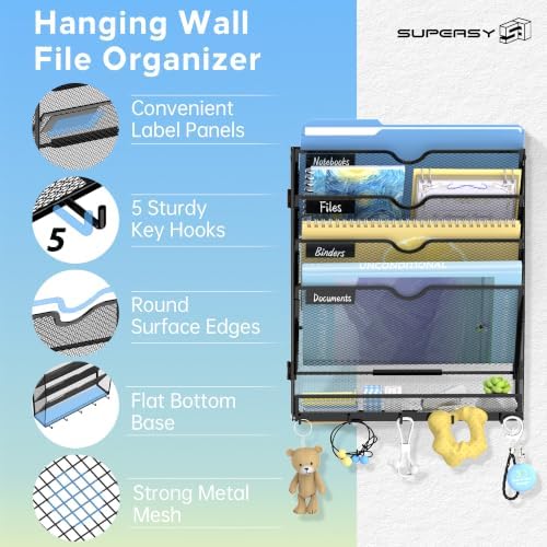 SUPEASY 5-Tier Wall File Organizer with Hooks, Wall Mounted Mail Organizer