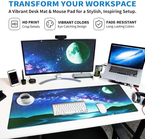 Extended Galaxy Full Moon Desk Mat, XXL Large Gaming Mouse Pad, Moon Starry Sky Stitched Edges Waterproof with Non-Slip Rubber Base for Computer Keyboard Laptop Work Home Office 35.4"x15.7"