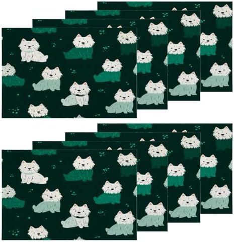 Shrahala Cute Dog in Dark Green Placemats, White Dogs Spots Table Mat Linen Burlap Washable Double-Deck Heat Insulation for Dining/Kitchen Table Set of 8 (12 X 18 Inch)