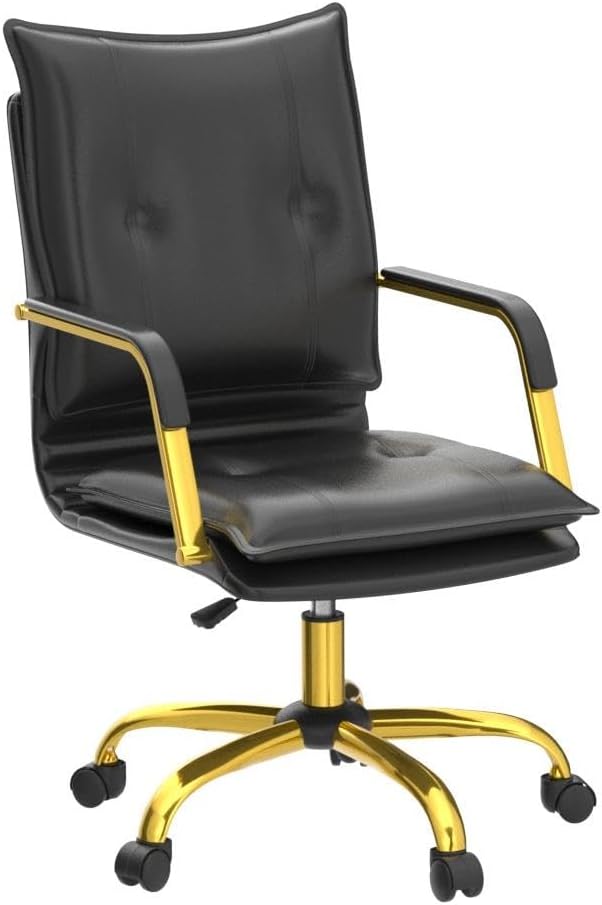 HULALA HOME Faux Leather Home Office Desk Chair, Adjustable Swivel Computer Chair with Golden Legs and Arms, Comfy Upholstered Task Chair, Black