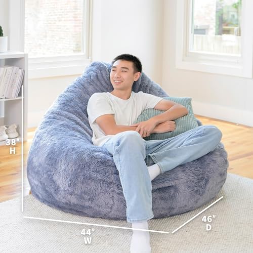 Big Large Teardrop Foam Filled Bean Bag Chair with Removable Cover, Gray Short Shag, 4 feet Big