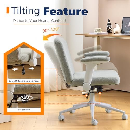 VINGLI Criss Cross Chair with Adjustable Flip-Up Arms,Cross Legged Chair with Wheels, Extra Wide Office Chair,Cozy Desk Chair for Home Office, Vanity, Apartment,Chenille Velvet,Light Blue-Green