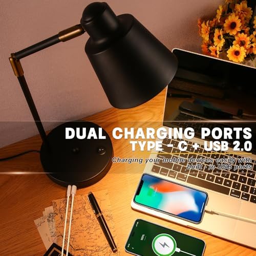 Anxingtools LED Desk Lamp with Dual USB Charging Ports, 100% Metal, 270° Swivel Arms, Soft White Light (3000K), Bedside Reading Lamp, Home Office Lamp (Black)