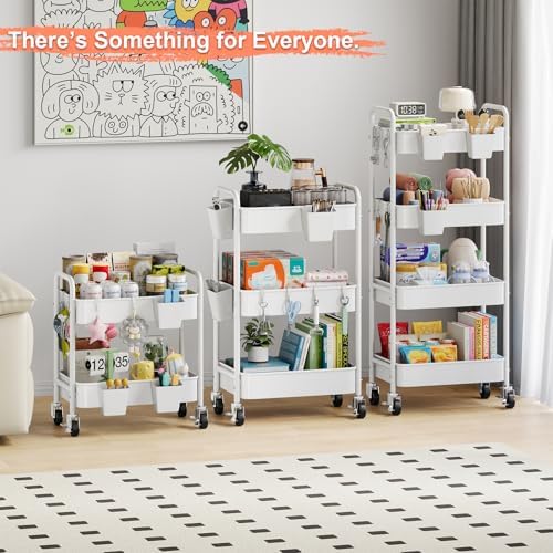2 Tier Small Rolling Cart Metal with Wheels, White Under Desk Storage Carts