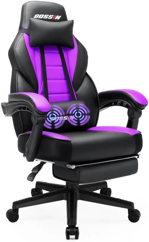 BOSSIN Massage Gaming Office Chair, 400LBS High Back Computer Chair with Footrest and Headrest, Adjustable Swivel Silla Gamer, Ergonomic Heavy Duty, Big and Tall Chair with Lumbar Support