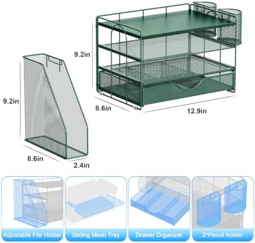 gianotter Desk Organizers and Accessories with File Holder, 4-Tier Desk Accessories & Workspace Organizers with Drawer and 2 Pen Holder, Desk Reference Organizer (Green, 4T with Metal Drawer)