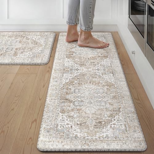 GENIMO Anti Fatigue Kitchen Mats for Floor 2PCS, Standing Rugs,BeigeTan