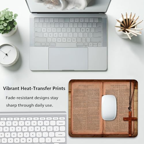 Vintage Open Bible Cross Mouse Pad, Christian Religious Scripture Desk Mat