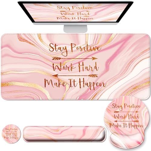 Large Mouse Pad and Keyboard Wrist Rest + Desk Mat Set,Full Long Mouse Pads for Desk Accessories with Memory Foam Gel Pink Mousepad for Women Computer Desktop Office Work-Rose Gold & Pink