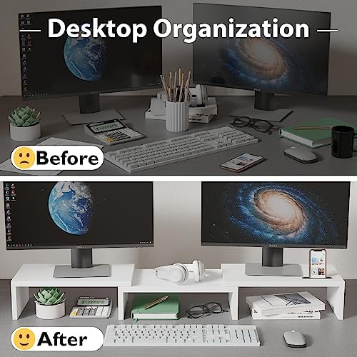 BONTEC Dual Monitor Stand Riser, Adjustable Length & Swivel Angle, White