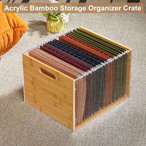 Sbanmao 3 Pack Hanging File Organizer, Acrylic File Box Organizer, Bamboo File Crate File Cabinet Storage Box, File Folder Organizer for Home Office Desk, Letter Size