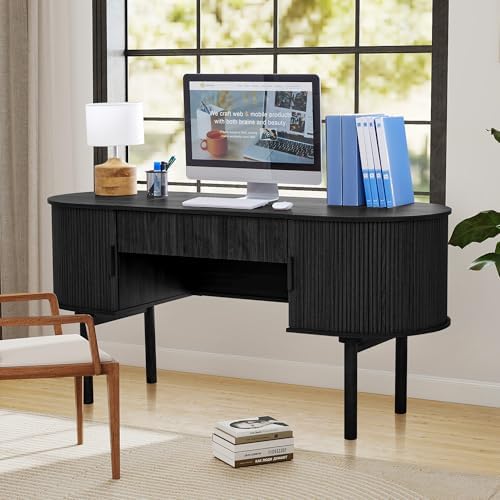 ORRD Home Office Oval Desk with Sliding Tambour Door and Drawer, Modern Fluted Wood Executive Computer Storage Desk for Study, Living Room, Bedroom, Office - Black