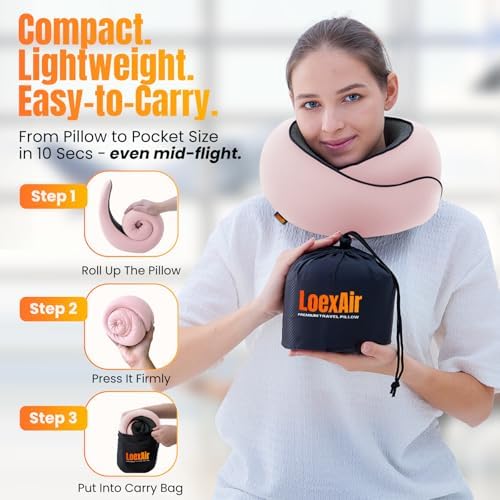 LOEXAIR™ Travel Pillow, Neck Pillow Travel for Airplane, Car - 100% Cotton Fabric & Memory Foam Plane Pillow, Lightweight & Easy-to-Carry on Flight, Full Travel Set (Eye Mask, Earplugs) - Sakura Pink