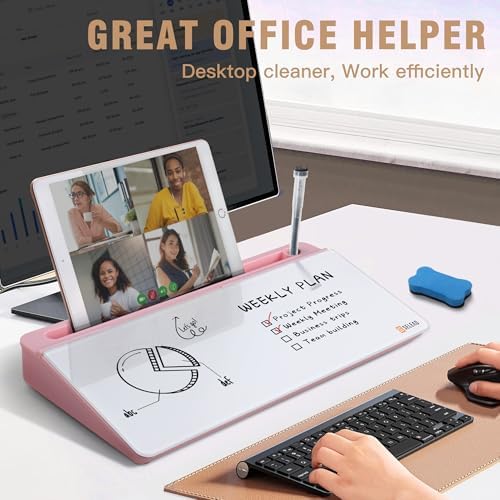 SELEAD Desktop Glass Whiteboard with Storage & Built-in Mirror, Pink