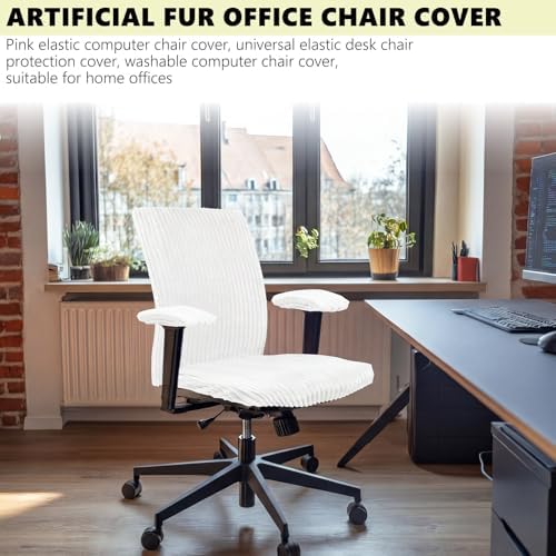 Tegeme Set of 4 Faux Fur Office Chair Covers with Armrest Covers, White