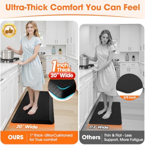 1" Thick Kitchen Mats for Floor, Water Resistant Floor Rug,Black/39" x 20"