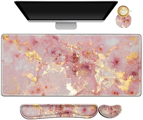 AIMSA Keyboard Mouse Pad Set, Large Gaming Mouse Pad +Wrist Rest Mouse Pad +Keyboard Wrist Support +Coaster, 35x15.7 inch Extended Desk Mat for Easy Typing Pain Relief (Pink Gilt Marble)