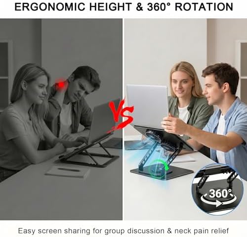 Laptop Stand with Cooling Fan, 360° Rotating Base Aluminum Laptop Riser, Foldable Ergonomic Computer Stand for Desk, Height Adjustable Notebook & All Laptops Up to 17.3" (Black)