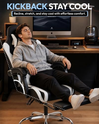 Dowinx Ergonomic Gaming Chair with Footrest & Massage Lumbar, 2D-Linkage Armrests for Computer Chair 330lbs with Headrest Pillow for Office, Home, Streaming and Long Gaming Sessions, White