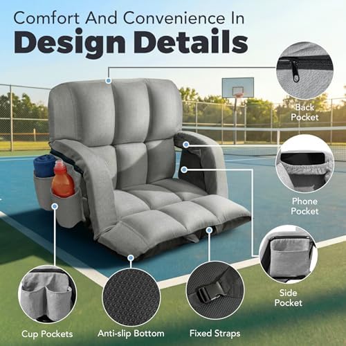 Stadium Seats with Back Support Wide, 4.7" Padded Bleacher Seat, 6-Position Reclining Bleacher Chairs with Back and Cushion, Sofa Style Ergonomic Design for Sports Games Baseball Football (25"Grey)