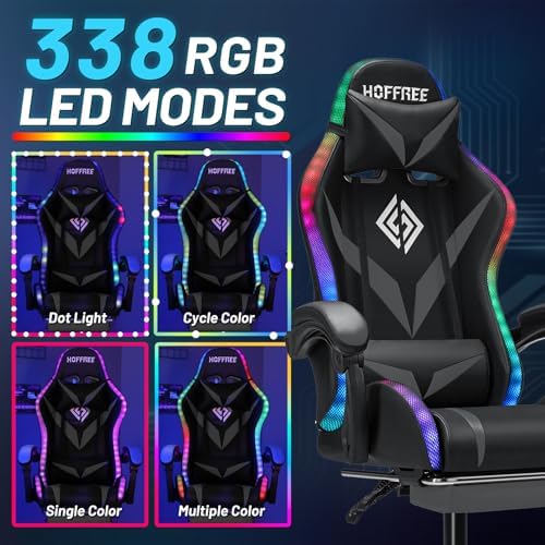 HOFFREE LED Gaming Chair with Speakers RGB Lights Computer Chairs-Grey
