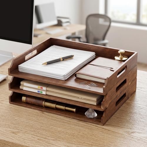 AceOrbit 3 Pcs Stackable Paper Tray Acacia Wood Desk Organizer Letter Tray
