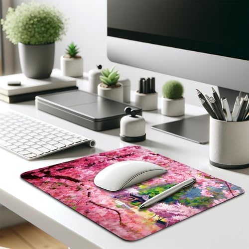 Japanese Spring Cherry Blossom Garden Mouse Pad, Asian Pavilion Desk Mat