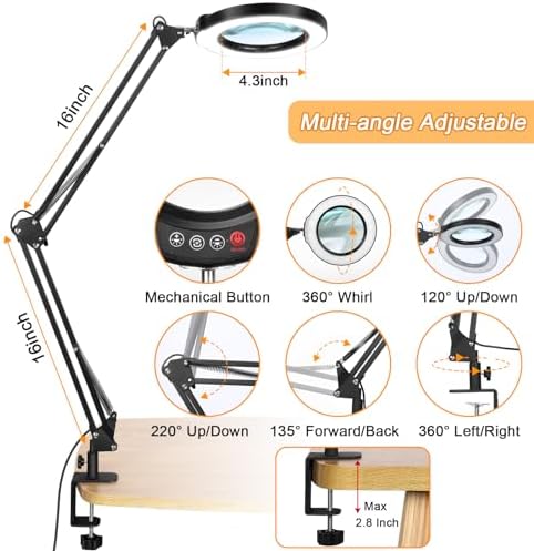 12X Large Magnifying Glass with Light and Clamp, Real Glass, 5 Color Modes, Stepless Dimmable, 2 x 16 Inch Adjustable Swing Arm Stand Desk Lamp, LED Lighted Magnifier Hands Free for Close Work, Hobby