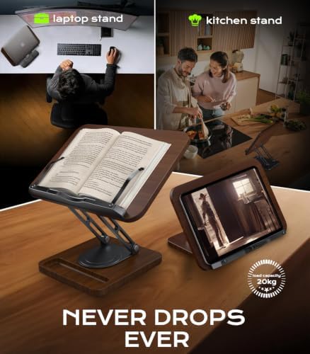 LOXP Ergonomic Book Stand for Reading, 360° Rotating Holder with Page Clip