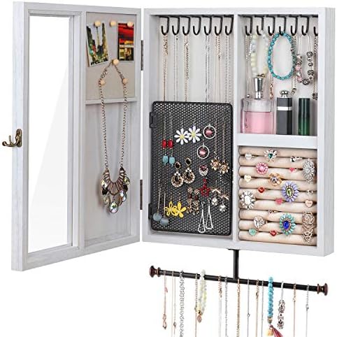 Keebofly Wall Mounted Rustic Wood Jewelry Organizer Cabinet - White