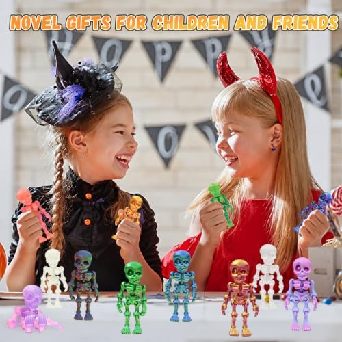 14 pcs 3D Printed Skeleton Figurines, Colorful 3.15 Inch Halloween Decorations, Fun Spooky Skull Toys for Desk, Party, or Shelf Display