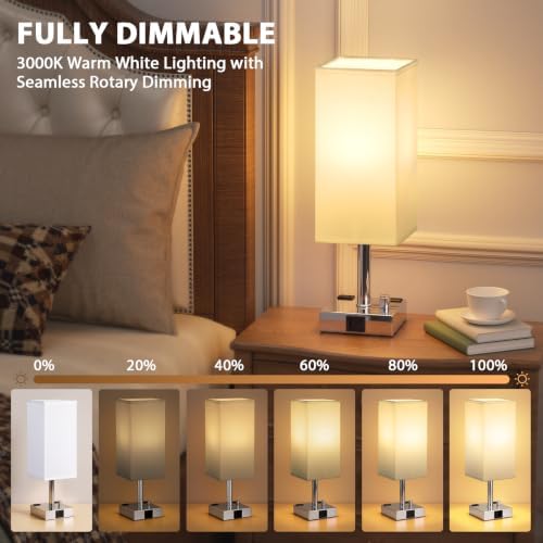 Silver Bedside Table Lamps Set of 2 - Dimmable, USB C+A, 2 AC Outlets