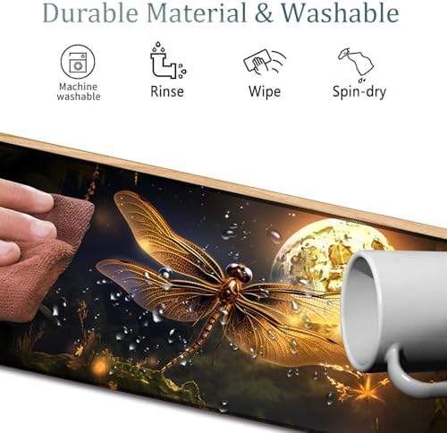 4 in 1 Mouse Pad Combo, Large Gaming Mouse Pad + Keyboard Wrist Support + Mouse Wrist Rest + Coaster, Table Pad 31.5 "x 11.8" with Memory Foam Ergonomic Wrist Pad Set, Dragonfly Under The Moon