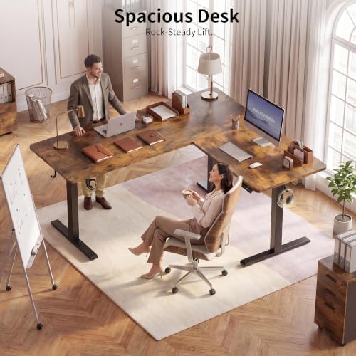 WALKINGDESK 63X55 Inches Reversible L Shaped Standing Desk Height Adjustable with Cup Holder, Electric Corner Computer Desk, Sit Stand up Home Office Desk, Ergonomic Gaming Desk, Rustic Brown
