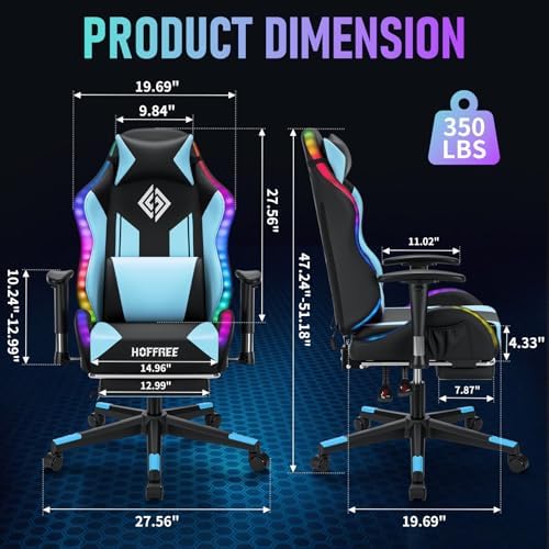 HOFFREE RGB Gaming Chair for Kids LED Computer Chair 155°Recliner-Blue