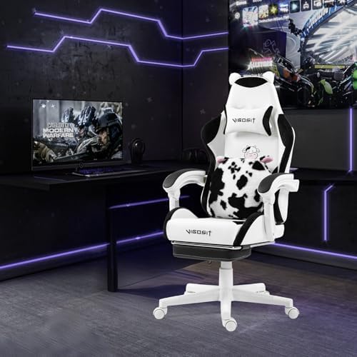Vigosit Cute Gaming Chair with Footrest - Ergonomic Computer Chair Cow Print Design, High Back PU Leather Office Chairs with Lumbar Support for Adults