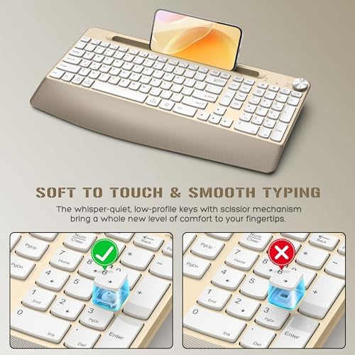 GAMCATZ Ergonomic Wireless Keyboard and Mouse with Wrist Rest，Phone Holder - 2.4GHz Full-Sized Low-Profile Quiet Gold Wireless Mouse and Keyboard Combo for Computer, Laptop, PC, Mac-Gold