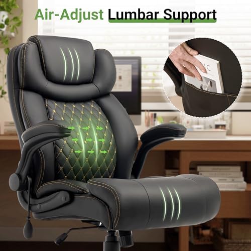 Office Chair, Big and Tall Executive Chair with Air-Lumbar Support, Breathable Desk Computer Chair with Adjustable Flip-up Armrests, Wide Cushion Seat Swivel Home Office Chair