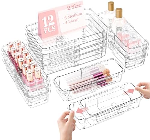DILIBRA 12 Pcs Clear Extendable Drawer Organizer, Adjustable Drawer Storage