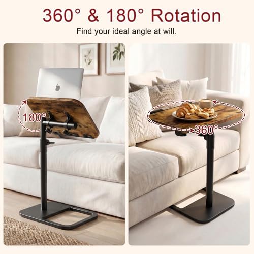 Tv Tray Table Adjustable Height Couch Side Table, Tilt Angle Adjustments-360° Swivel/180° Flip-Over Panel C-Shaped End Table With Tablet Slot, Computer Desk for Chair, Living Room (Rustic Brown)