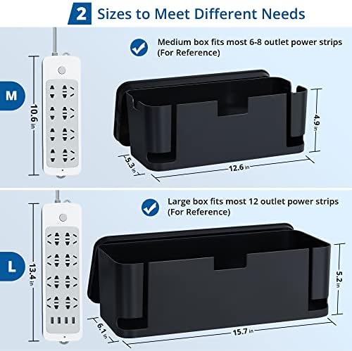 ZhiYo 2 Pack Cable Management Box, Medium & XL, Power Strip Organizer Black