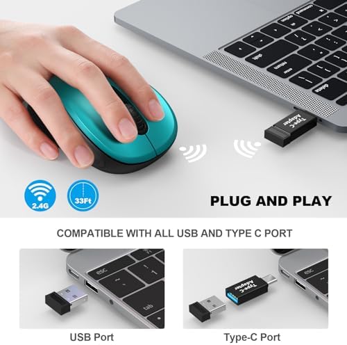 WisFox 2.4G Wireless Mouse for Laptop, Ergonomic Computer Mouse with USB Receiver and Type-C Adapter, 3 Adjustable Levels, 6 Button Cordless Wireless Mice for Windows Mac PC Notebook (Green)