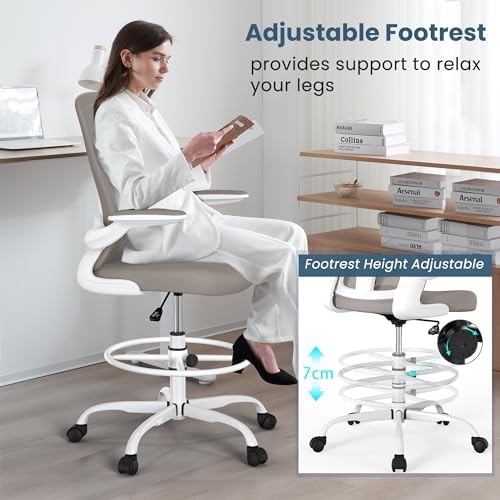 Drafting Chair, Tall Office Chair with Flip-up Armrests Executive Ergonomic Computer Standing Desk Chair, Office Drafting Chair with Lumbar Support and Adjustable Footrest Ring