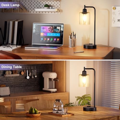 Industrial Touch Table Lamps for Bedrooms Set of 2 - 3-Way Dimmable Lamps with USB C+A Ports and Outlet, Black Bedside Lamps with Seeded Clear Glass Shade for Living Room, Desk Lamps for Home Office