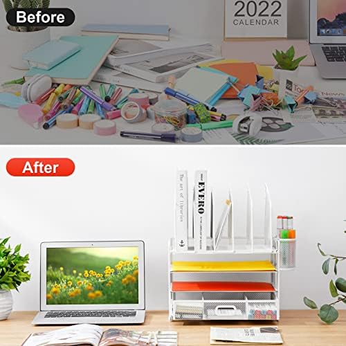 Marbrasse Desk Organizers, 4-Tier Mesh Desk File Organizer with 5 Vertical File Holders and 2 Pen Holders, Multifunction Desktop Organizer,Desk Organizers and Accessories for Home Office (White)