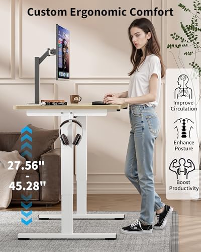 Okin Small Electric Standing Desk, 36" x 24" Whole Piece Height Adjustable Desk, Oak Sit to Stand Computer Workstation with Wheels for Home Office