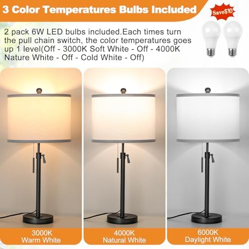 Qingmiao Table Lamps Set of 2, 22" to 30" Adjustable Nightstand Lamps for Bedroom, Dimmable End Table Lamps for Living Room Console Entry Farmhouse Home Decor, New House Warming Gifts