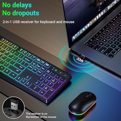 Wireless Keyboard and Mouse Combo, Lovaky 2.4G Full-Sized Ergonomic Keyboard Mouse, 3 DPI Adjustable Cordless USB Keyboard and Mouse, Quiet Click for Computer/Laptop/Windows/Mac (RGB Rainbow, 1 Pack)