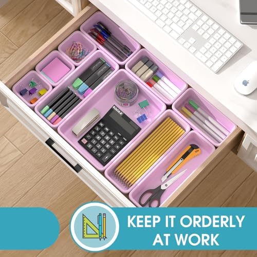 16 PCS Drawer Organizer Set, 4 Size Makeup Drawer Divider Organizer With Non-Slip Pads, Interlocking Plastic Storage Bins for Office,Jewelry Vanity,Gadgets, Bathroom,Kitchen, Purple