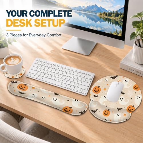 3 Piece Wrist Rest Mouse Pad Set with Keyboard Support Halloween Ghost